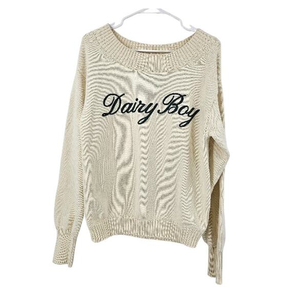 Dairy Boy Southport Sweater Cream Cotton Knit Off Shoulder Pullover Size M - Picture 2 of 7